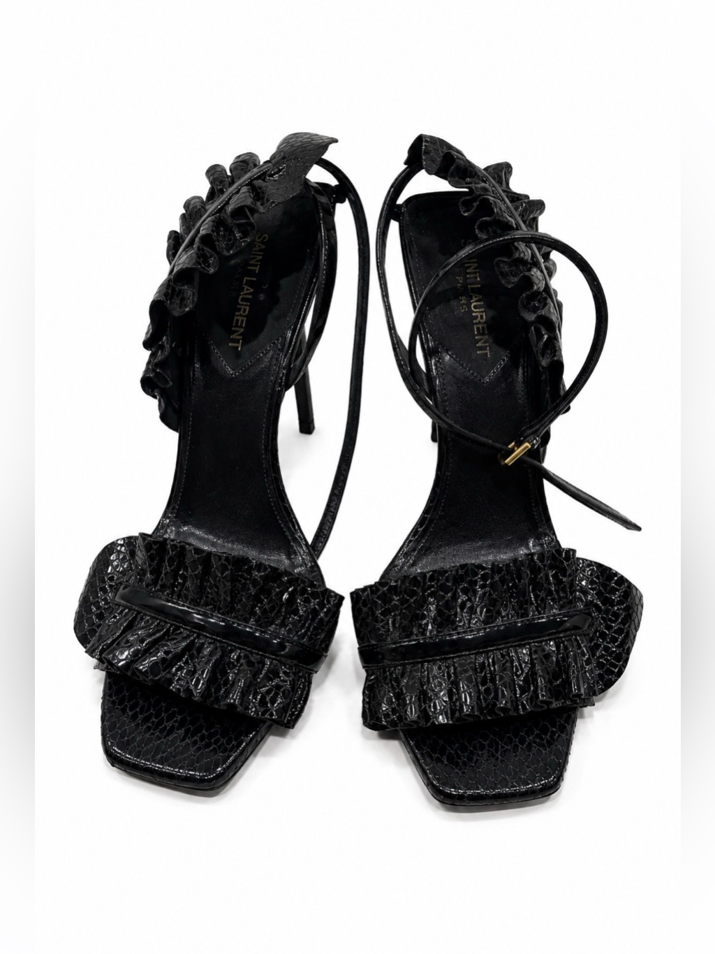 Saint Laurent Black Ruffled Leather High-Heel Sandals